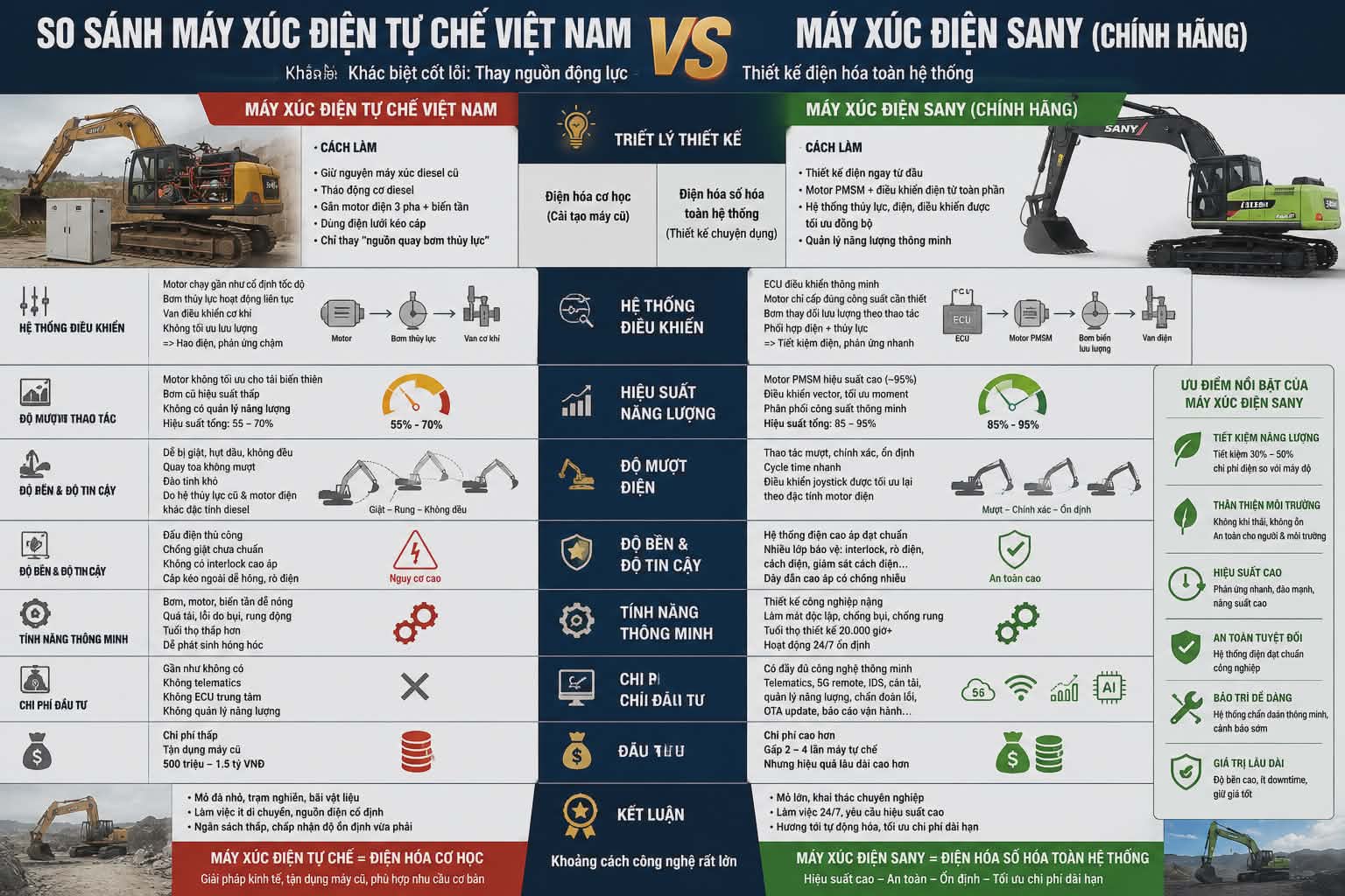 Máy xúc điện 3 pha tự chế Việt Nam vs máy xúc điện 3 pha SANY chính hãng 2026