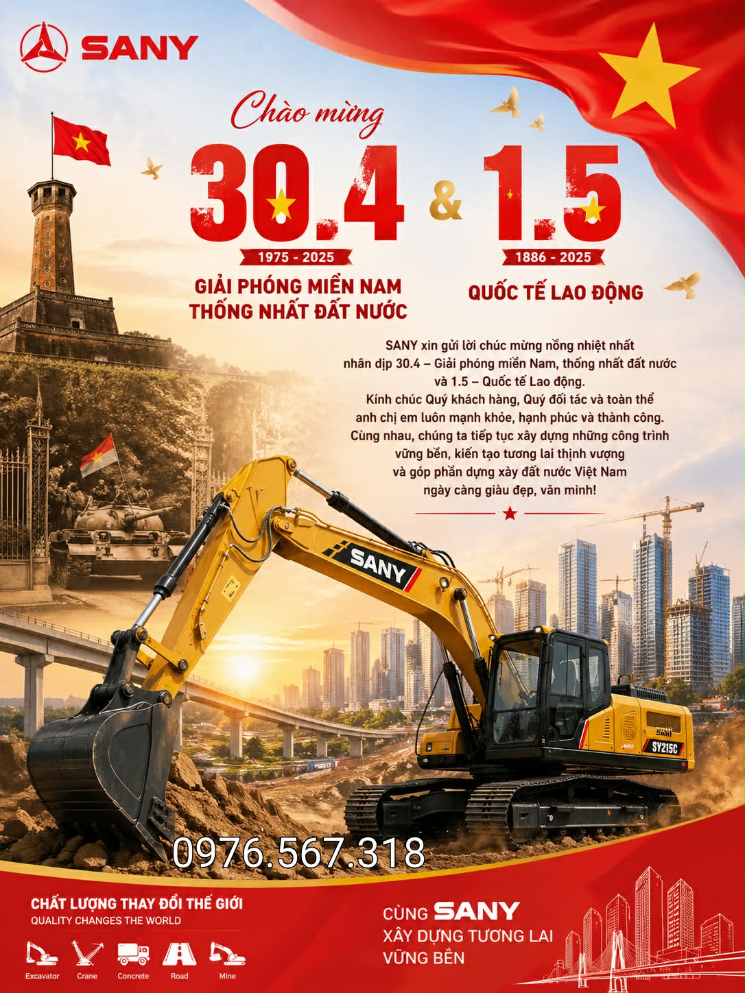 Máy xúc SANY chào mừng ngày lễ 30.4 và 1.5 của đất nước