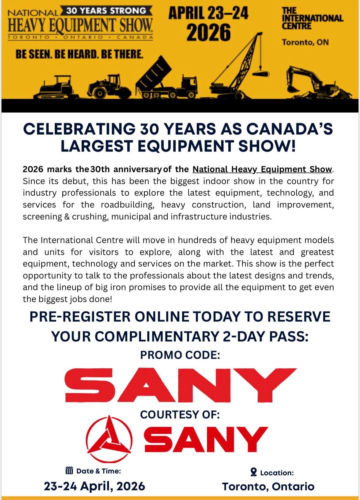 SANY Canada tham gia National Heavy Equipment Show 2026