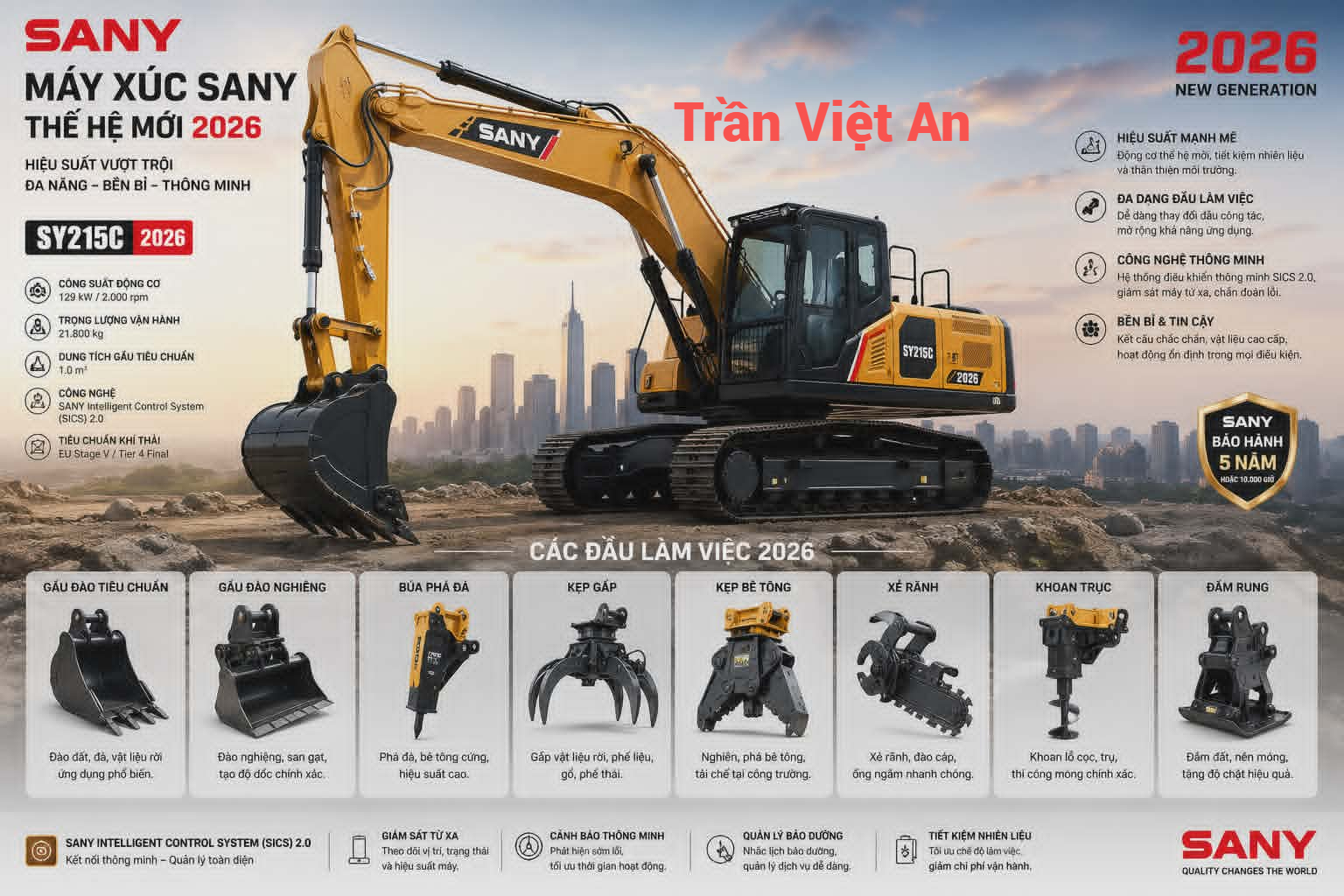 Nâng cao hiệu quả máy xúc SANY 2026: 15 đầu công tác mới nhất tăng năng suất 70%