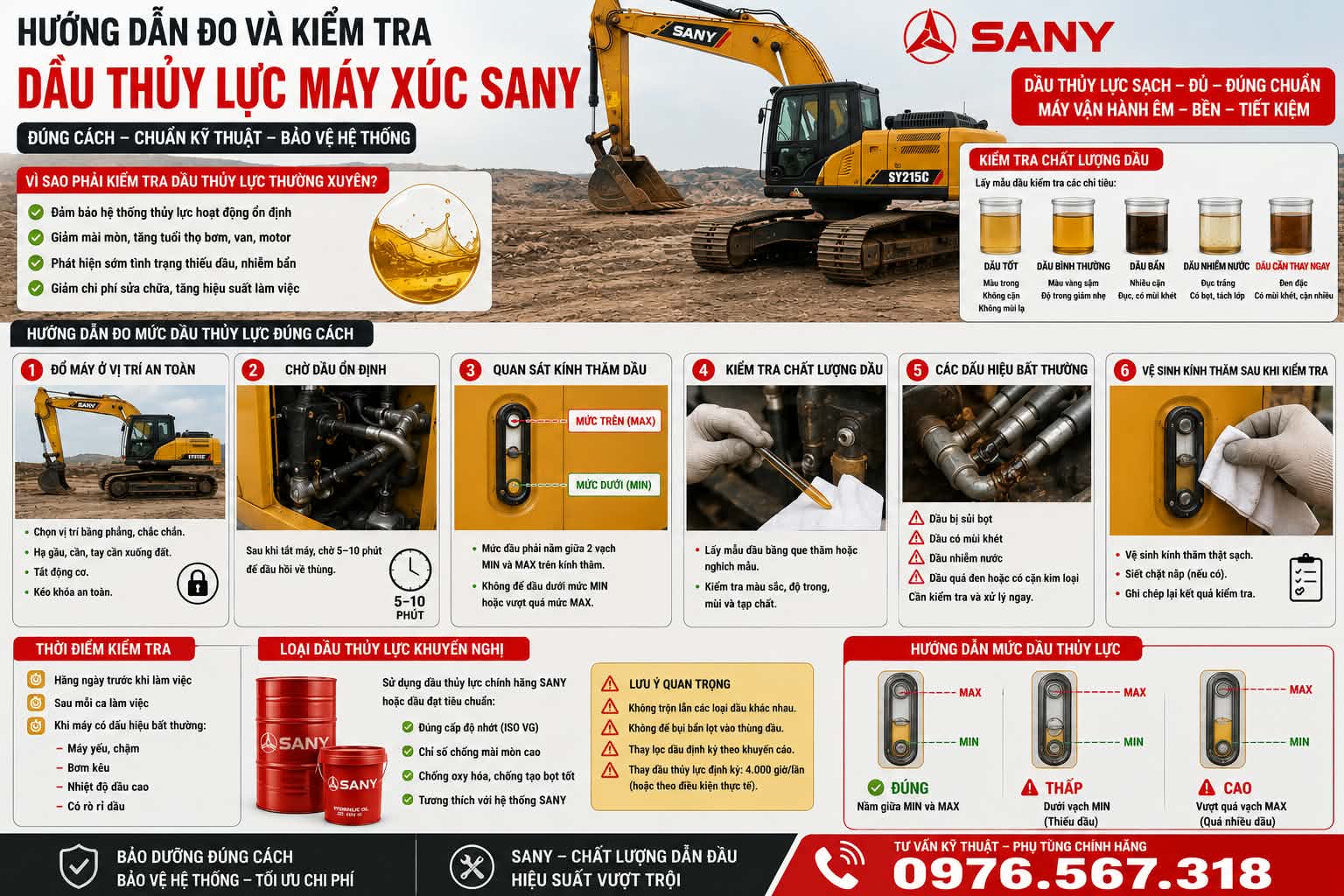 Cách kiểm tra mức dầu thủy lực máy xúc SANY