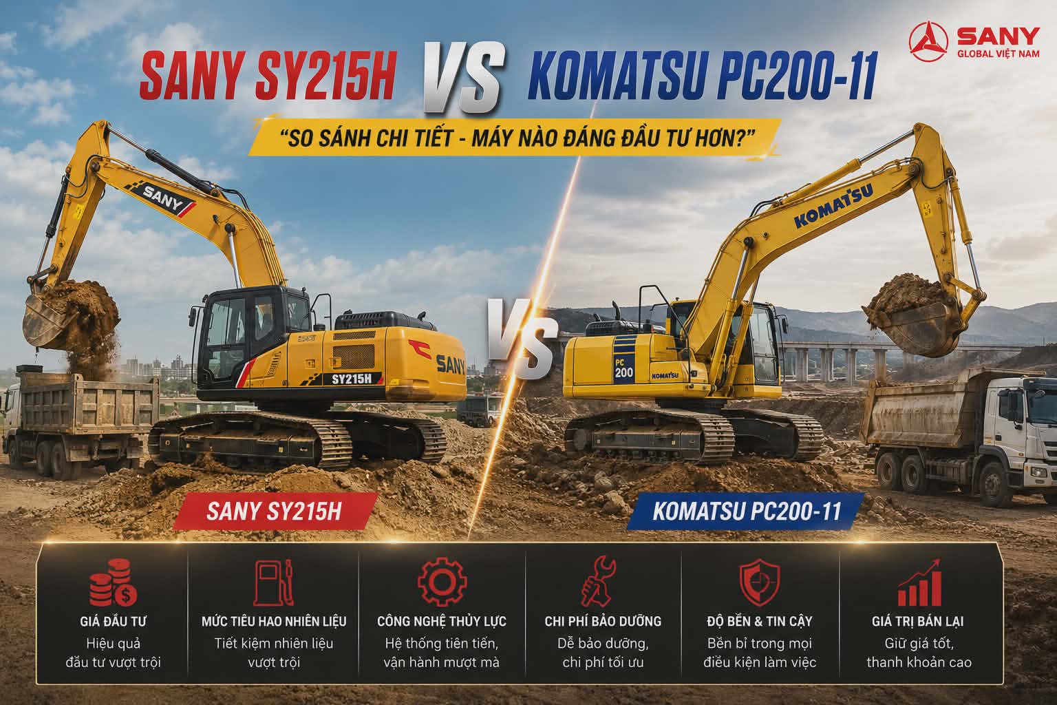 máy xúc sany vs komatsu