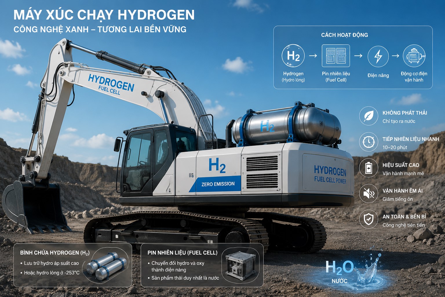 Máy Xúc Chạy Nhiên Liệu Hydrogen (Hydro Lỏng): Tương Lai Của Ngành Máy Xây Dựng Không Phát Thải?