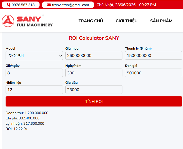 ROI Calculator Máy Xúc SANY | Tính thời gian hoàn vốn miễn phí