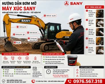 Hướng dẫn bơm mỡ máy xúc SANY chi tiết: Quy trình, vị trí và lịch bơm mỡ đúng cách