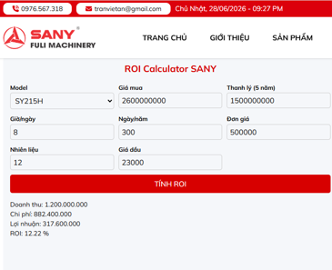 ROI Calculator Máy Xúc SANY | Tính thời gian hoàn vốn miễn phí