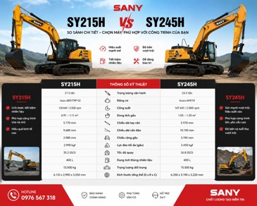 SANY SY215H vs SY245H: So sánh máy xúc 21,5 và 24,5 tấn